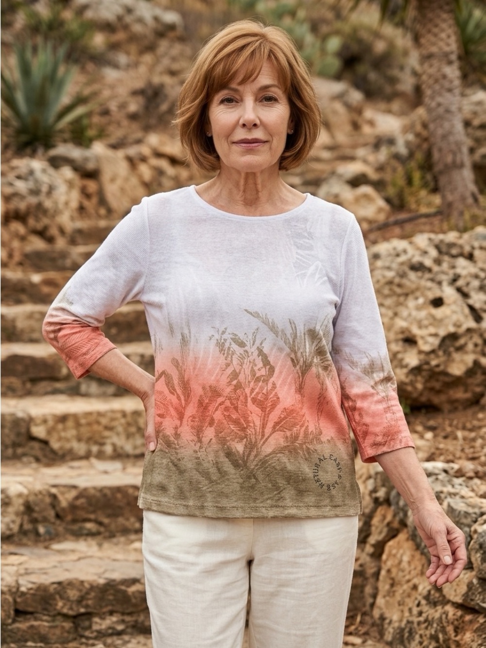 Olsen Ombre Botanical Crewneck Short-Sleeve Cottagecore Sweater -M